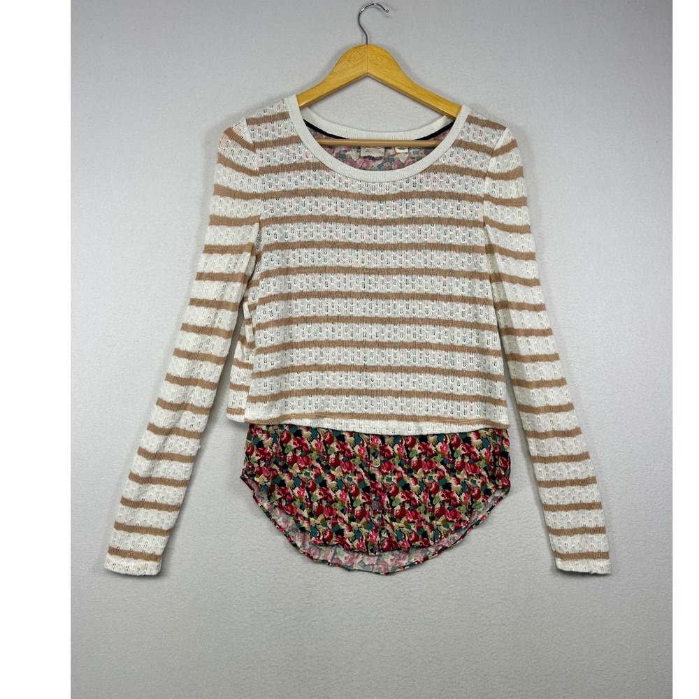 Cottagecore Postmark‎ Women Sm White Tan Striped Floral Mixed Media Layered Top